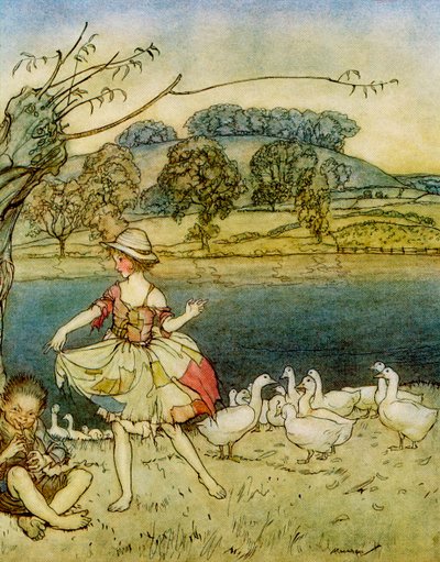 Tattercoats tanzt, während der Gänsehirte pfeift, aus Englische Märchen nacherzählt von F.A. Steel, 1927 von Arthur Rackham